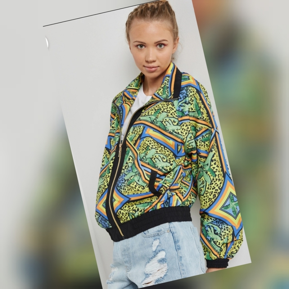 Forever 21 high neck colorful animal print geometric lightweight Bomber Jacket S